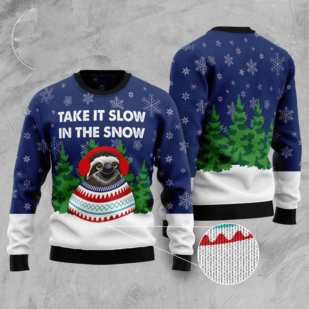 Sloth Take It Slow In The Snow Ugly Christmas Sweater, Funny Xmas Sweater, Sweater Xmas