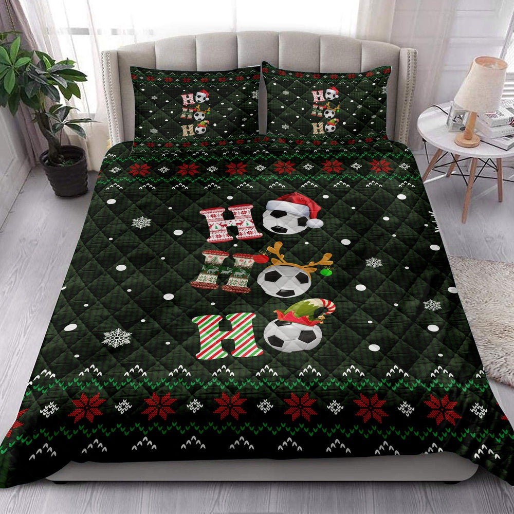 Soccer Quilt Set, Ho Ho Ho Soccer Santa Hatmas Snowflake Ugly Quilt Blanket