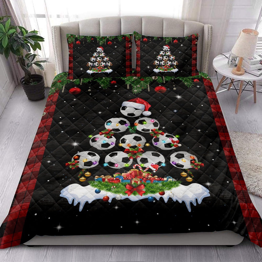 Soccer Quilt Set, Soccermas Tree Snowflake Box Red Buffalo Plaids Quilt Blanket