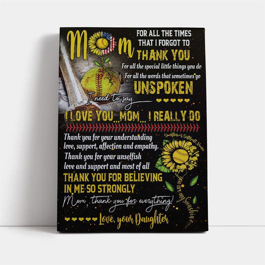 Softball Daughter To Mom, Thank You For Everything Canvas, Mother's Day Canvas Art, Gift For Mom, Birthday Gift, Mother's Day Wall Art