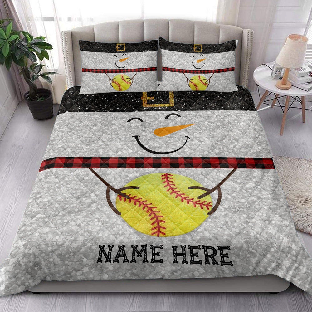 Softball Quilt Set, Funny Snowman Bringmas Softball Glitter Buffalo Plaid Quilt Blanket