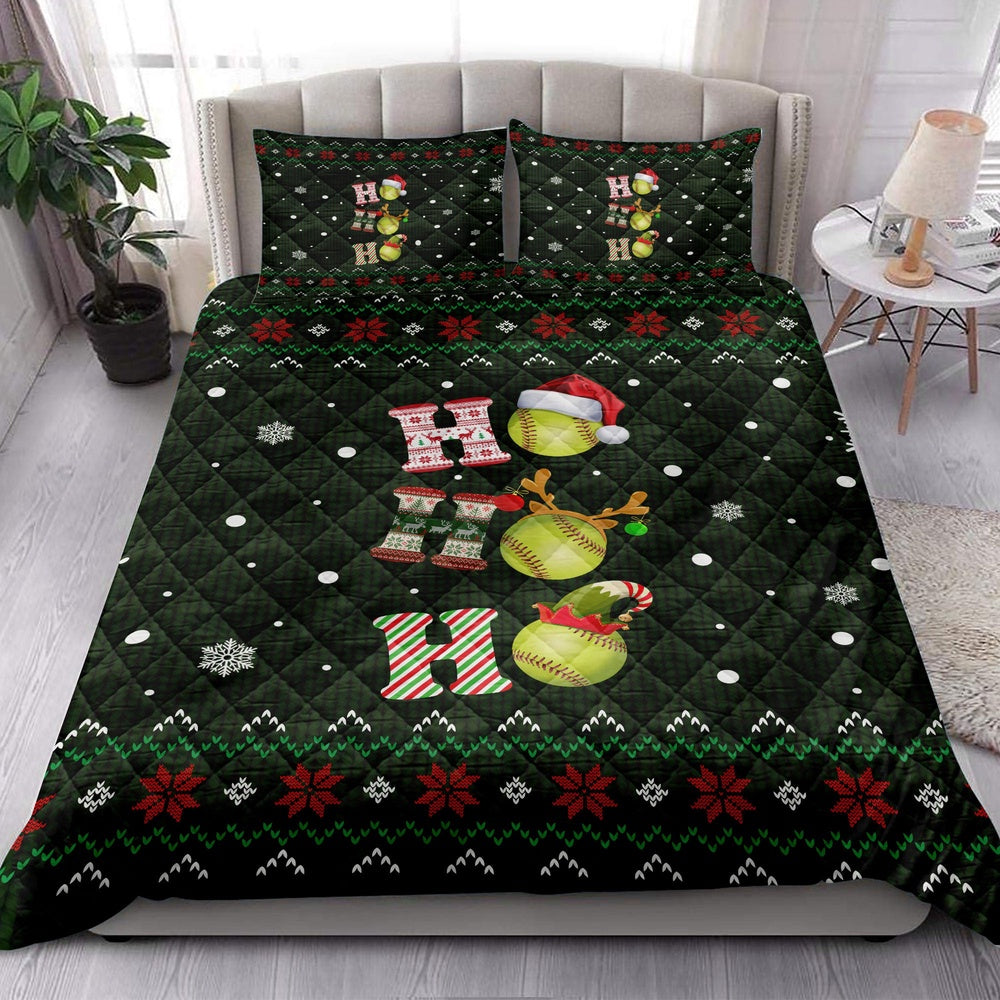 Softball Quilt Set, Ho Ho Ho Softball Santa Hatmas Snowflake Ugly Quilt Blanket