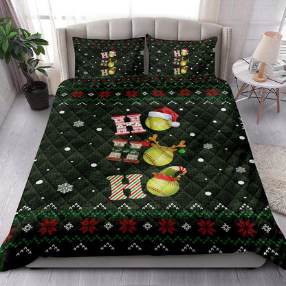 Softball Quilt Set, Ho Ho Ho Softball Santa Hatmas Snowflake Ugly Quilt Blanket