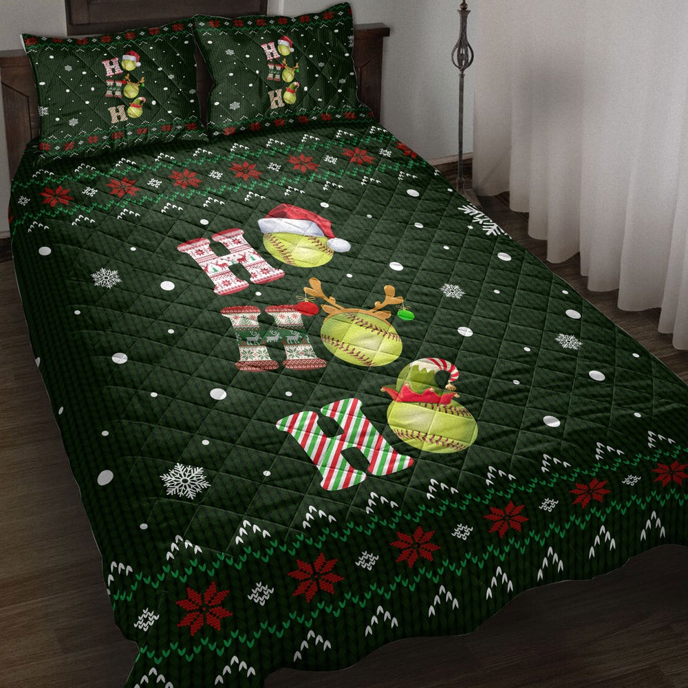 Softball Quilt Set, Ho Ho Ho Softball Santa Hatmas Snowflake Ugly Quilt Blanket