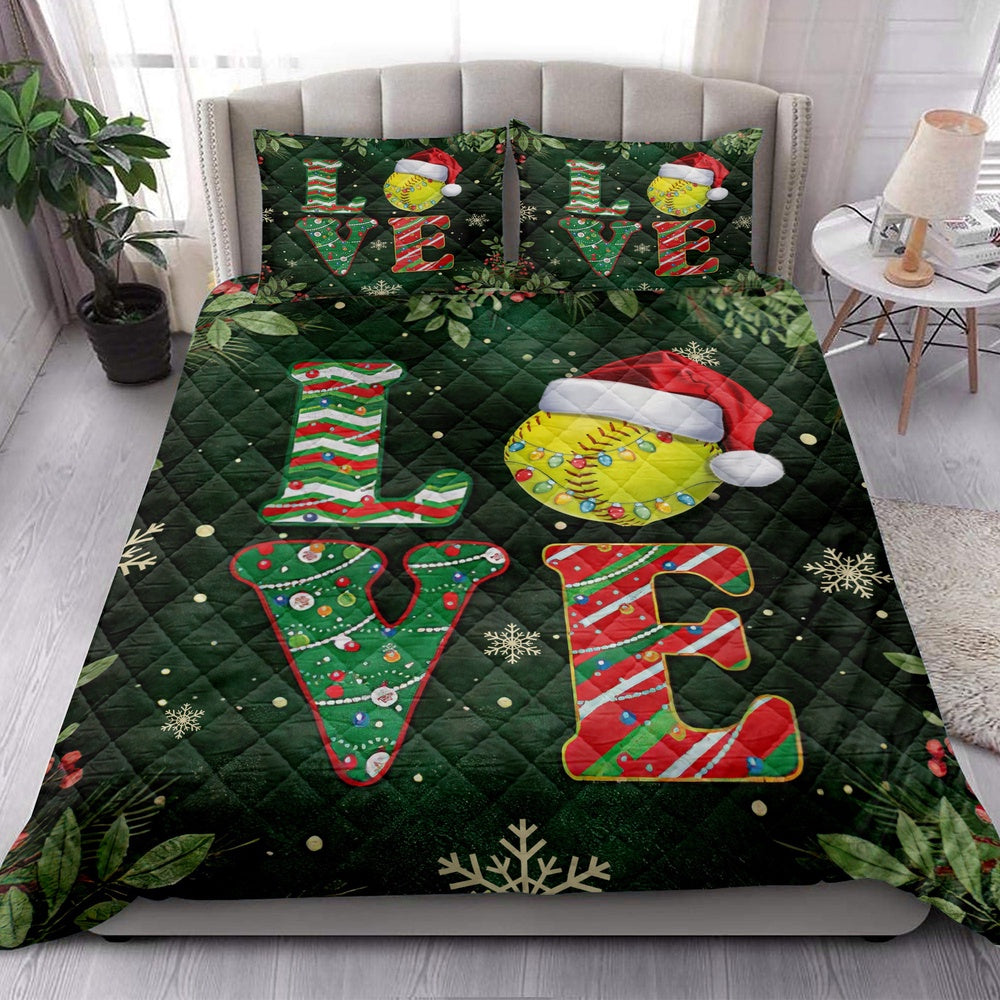 Softball Quilt Set, Love Softball Withmas Hat Holly Berry Snowflake Xmas Holiday Quilt Blanket