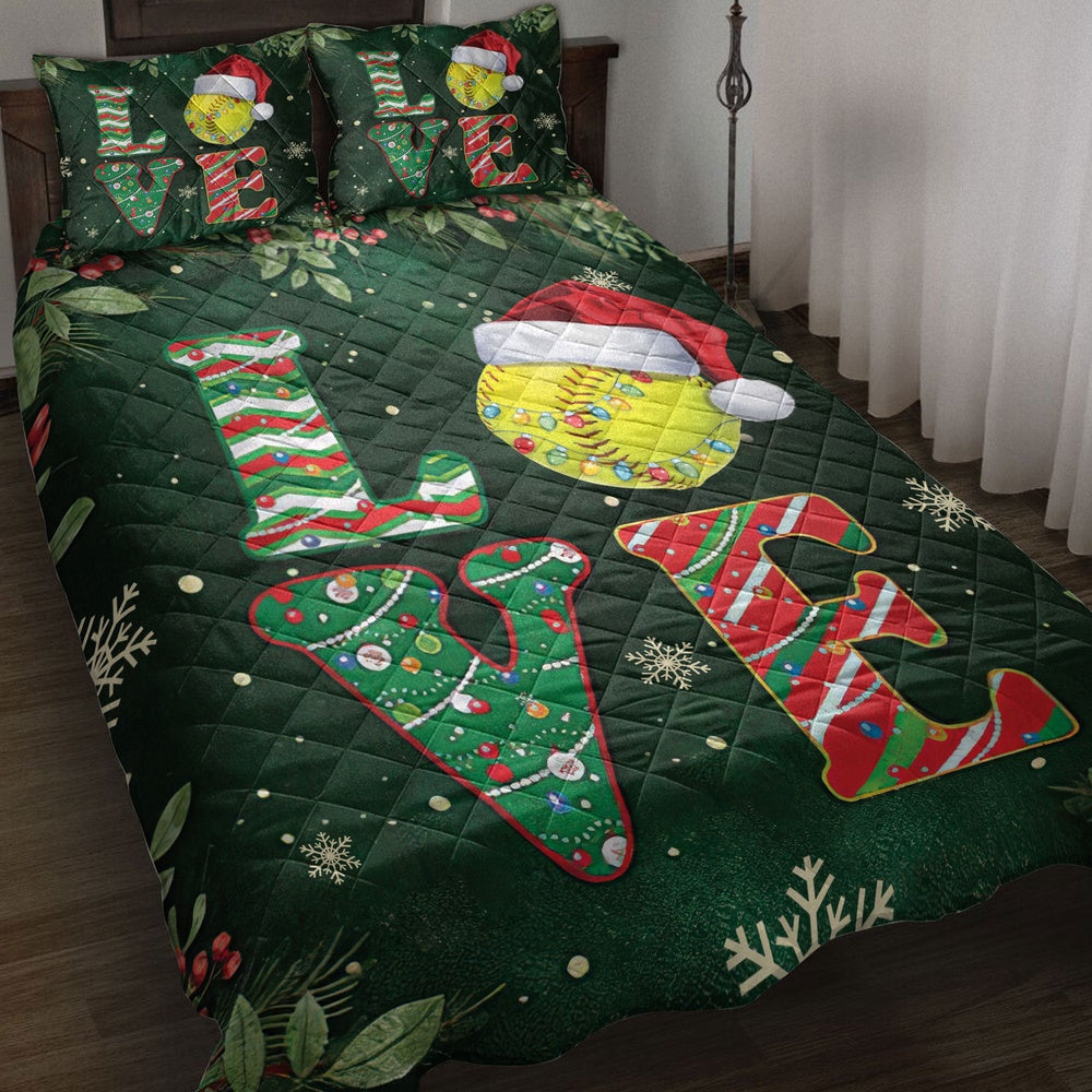 Softball Quilt Set, Love Softball Withmas Hat Holly Berry Snowflake Xmas Holiday Quilt Blanket