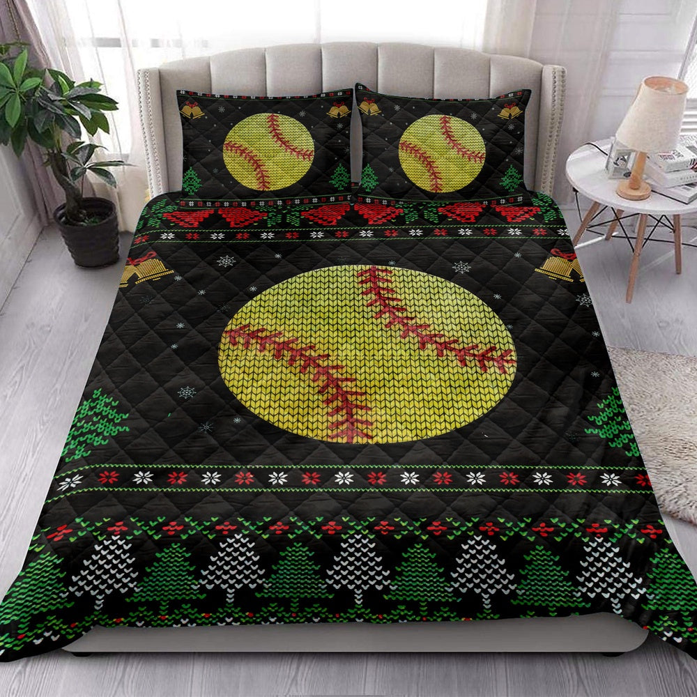 Softball Quilt Set, Softball Snowflake Bell Ugly Chrismas Softball Quilt Blanket