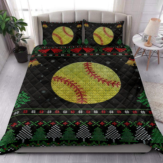 Softball Quilt Set, Softball Snowflake Bell Ugly Chrismas Softball Quilt Blanket