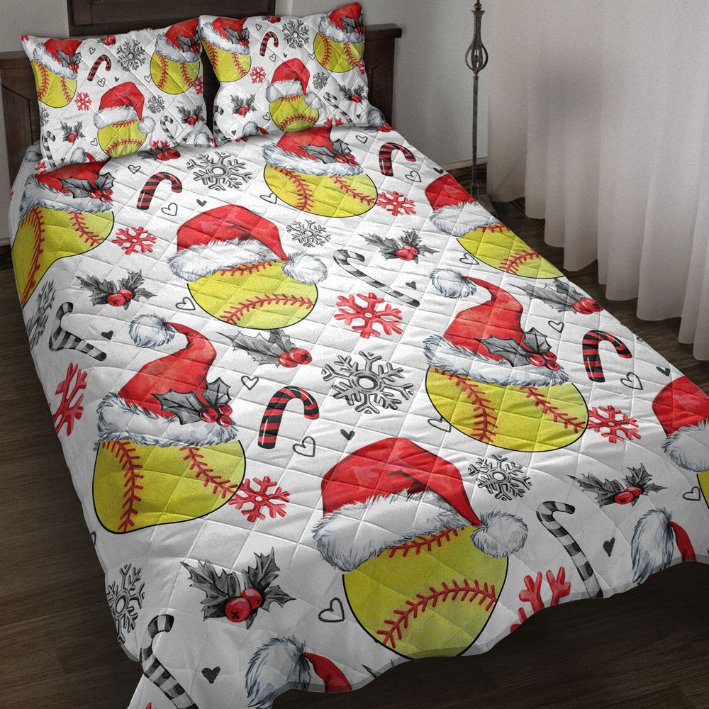 Softball Quilt Set, Softballmas Hat With Snowflake Candy Quilt Blanket