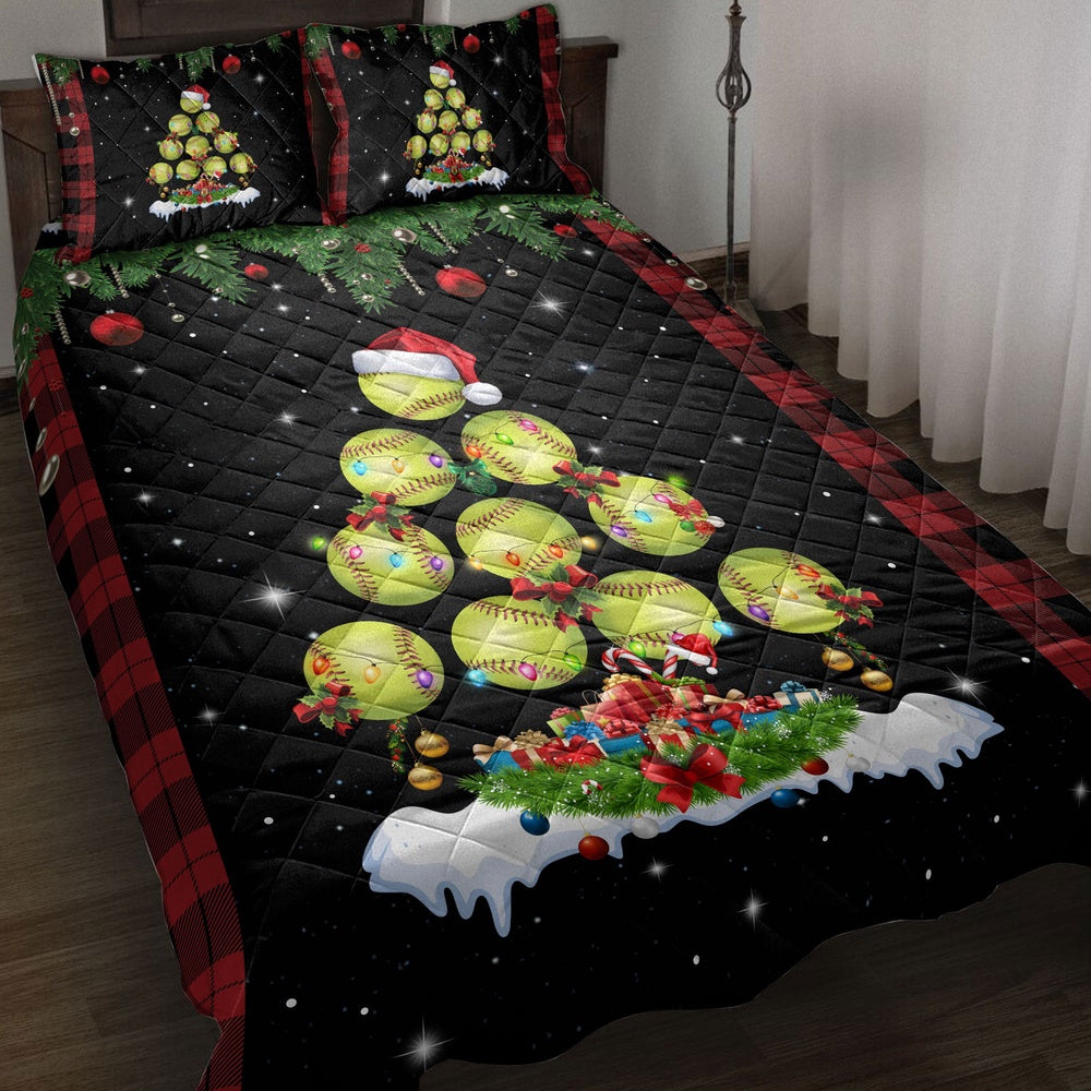 Softball Quilt Set, Softballmas Tree Snowflake Box Red Buffalo Plaids Quilt Blanket