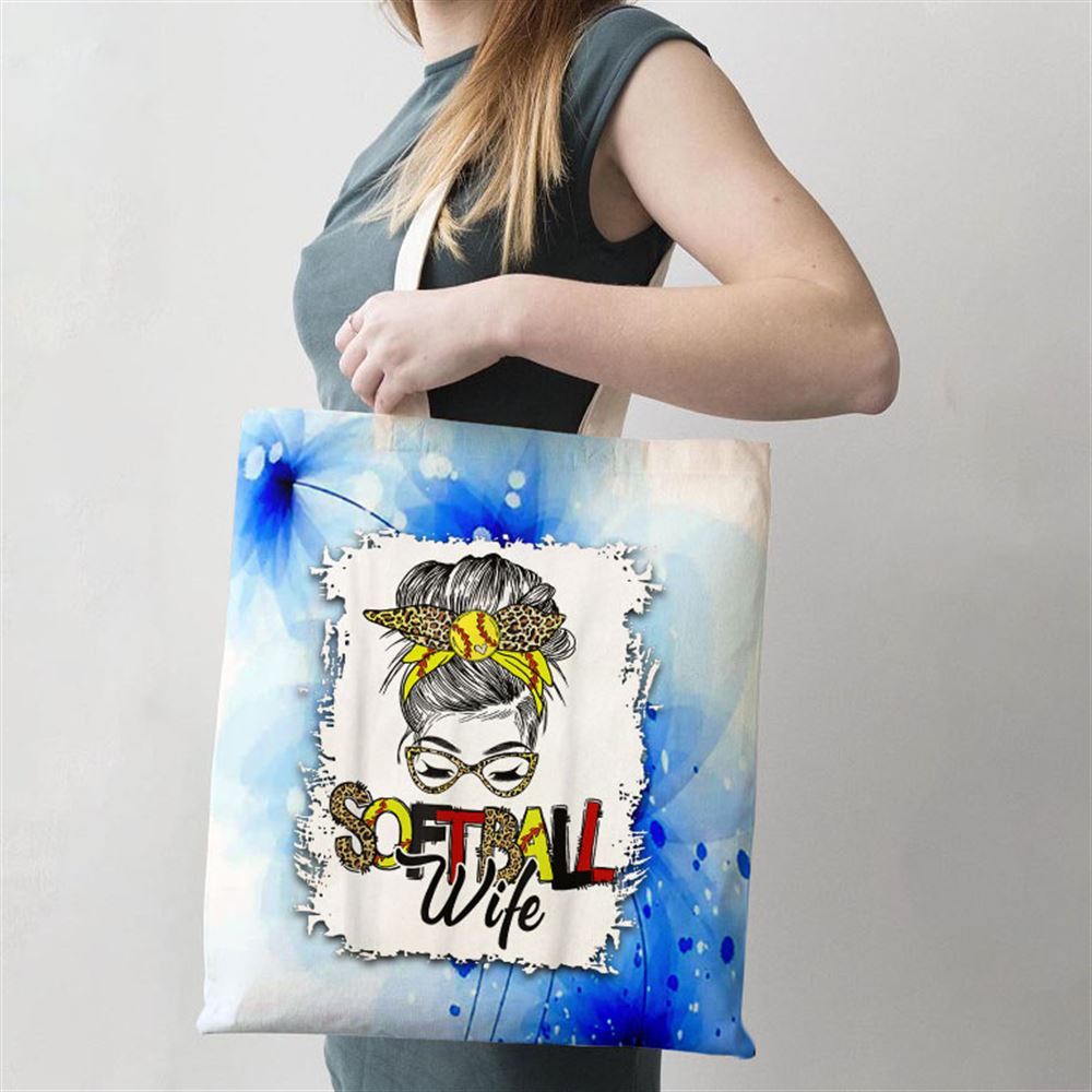 Softball Wife Life With Leopard Messy Bun Mothers Day Tote Bag, Women Tote Bag, Canvas Tote Bag, Printed Tote Bag