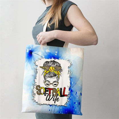 Softball Wife Life With Leopard Messy Bun Mothers Day Tote Bag, Women Tote Bag, Canvas Tote Bag, Printed Tote Bag