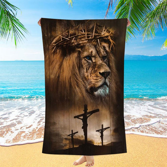 Stunning Lion, Big Crown Of Thorn, Jesus On The Cross Beach Towel, Christian Beach Towel, Christian Gift, Gift For Women
