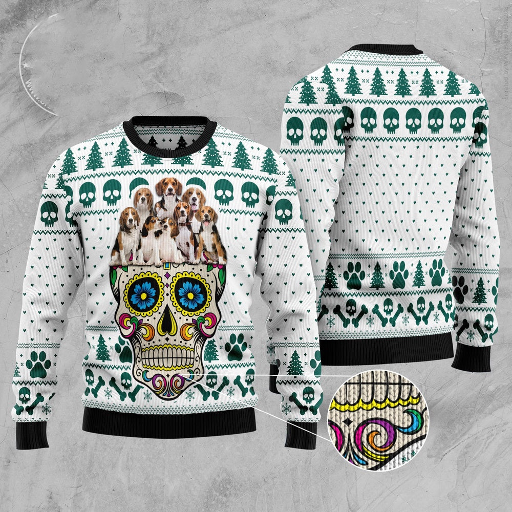 Sugar Skull Beagles Ugly Christmas Sweater, Funny Xmas Sweater, Sweater Xmas