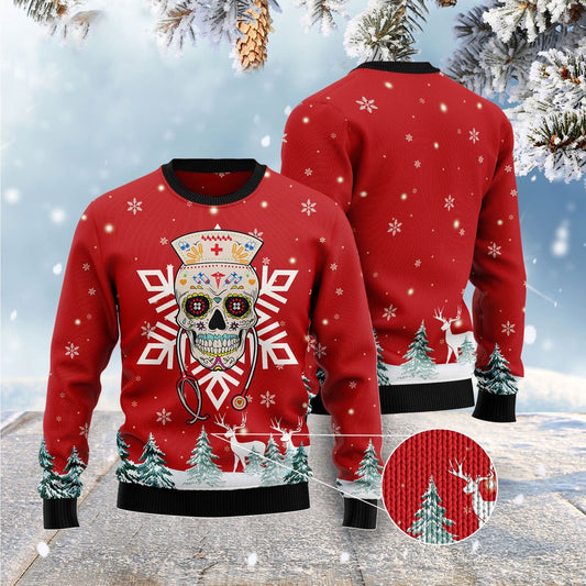 Sugar Skull Nurse Ugly Christmas Sweater, Funny Xmas Sweater, Sweater Xmas