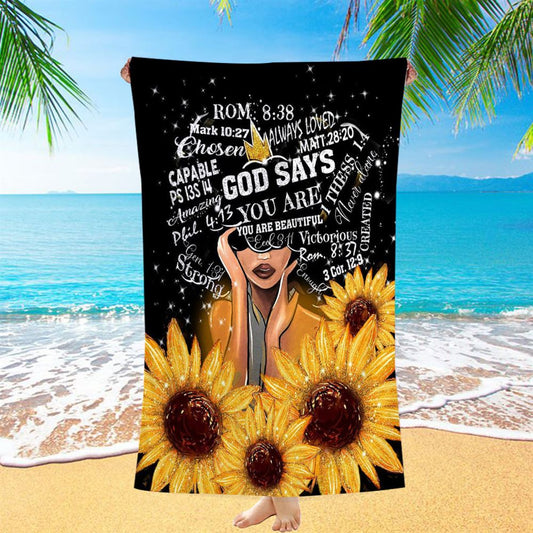 Sunflower Black Girl Beach Towel - God Says You Are Sunflower Beach Towel - Religious Beach Towel
