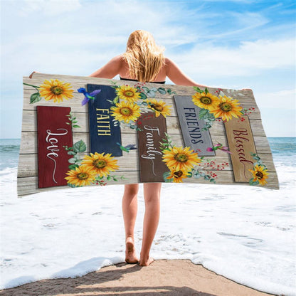 Sunflower Blessed Friends Family Faith Love Beach Towel - Inspirational Beach Towel - Christian Beach Towel