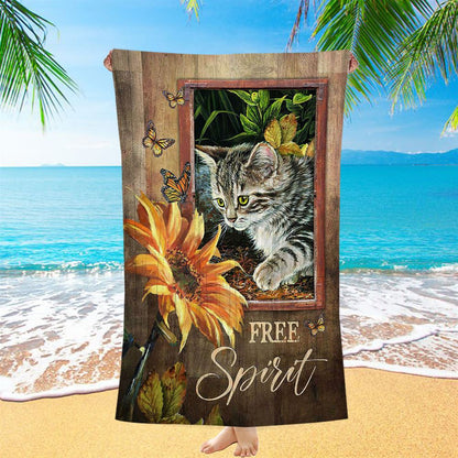Sunflower Butterfly Cat Free Spirit Beach Towel - Christian Art - Bible Verse Beach Towel - Religious Beach Towel
