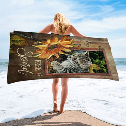 Sunflower Butterfly Cat Free Spirit Beach Towel - Christian Art - Bible Verse Beach Towel - Religious Beach Towel