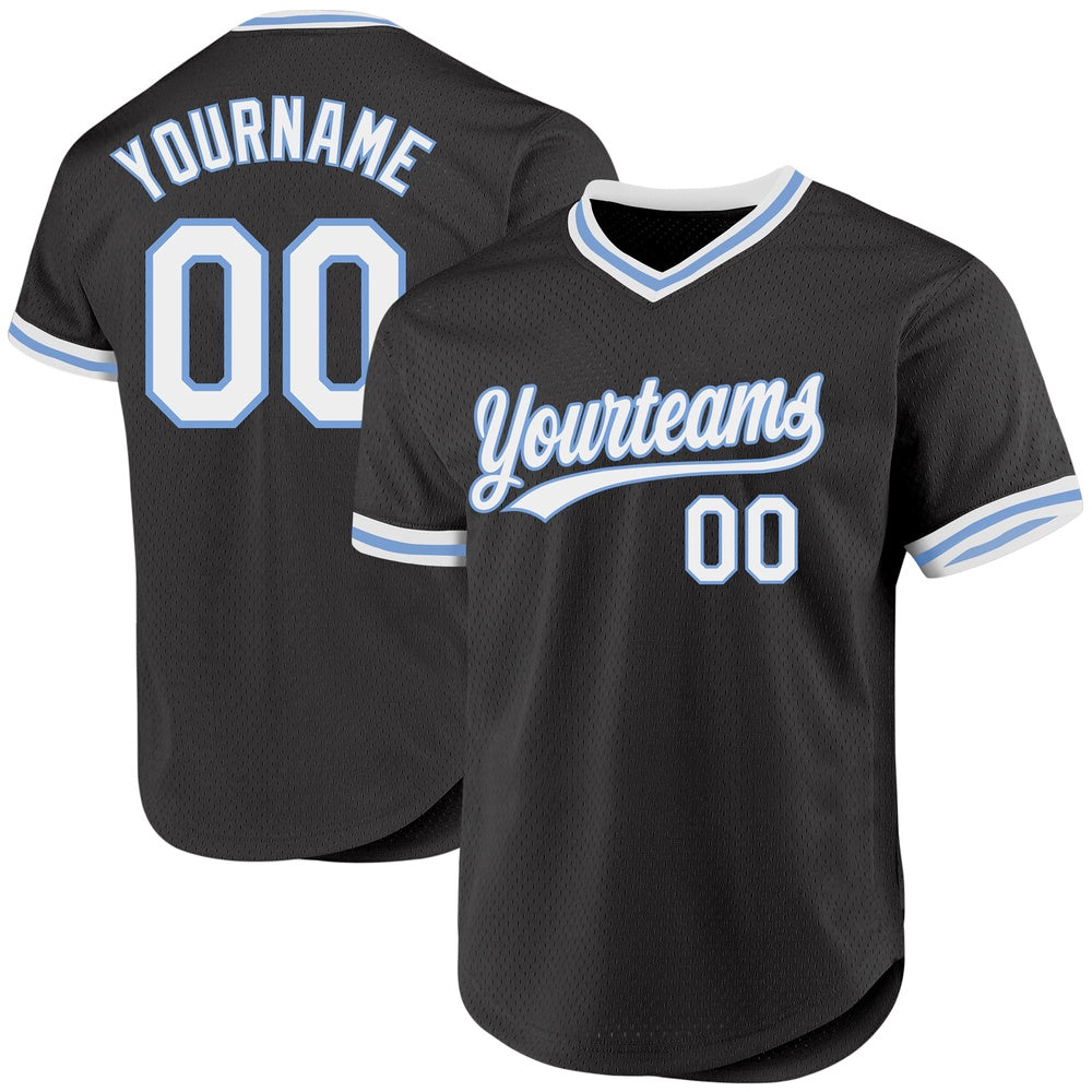Team Jerseys Baseball, Custom Black White Light Blue Authentic Throwback Baseball Jersey, Logo Baseball Jersey