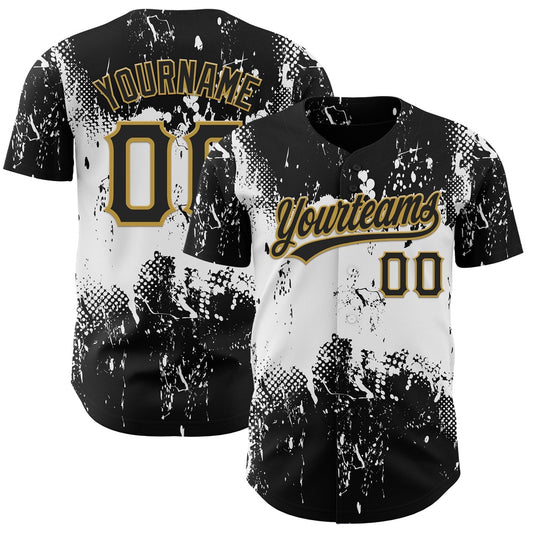 Team Jerseys Baseball, Custom Black White Old Gold 3D Pattern Design Abstract Splatter Grunge Art Authentic Baseball Jersey