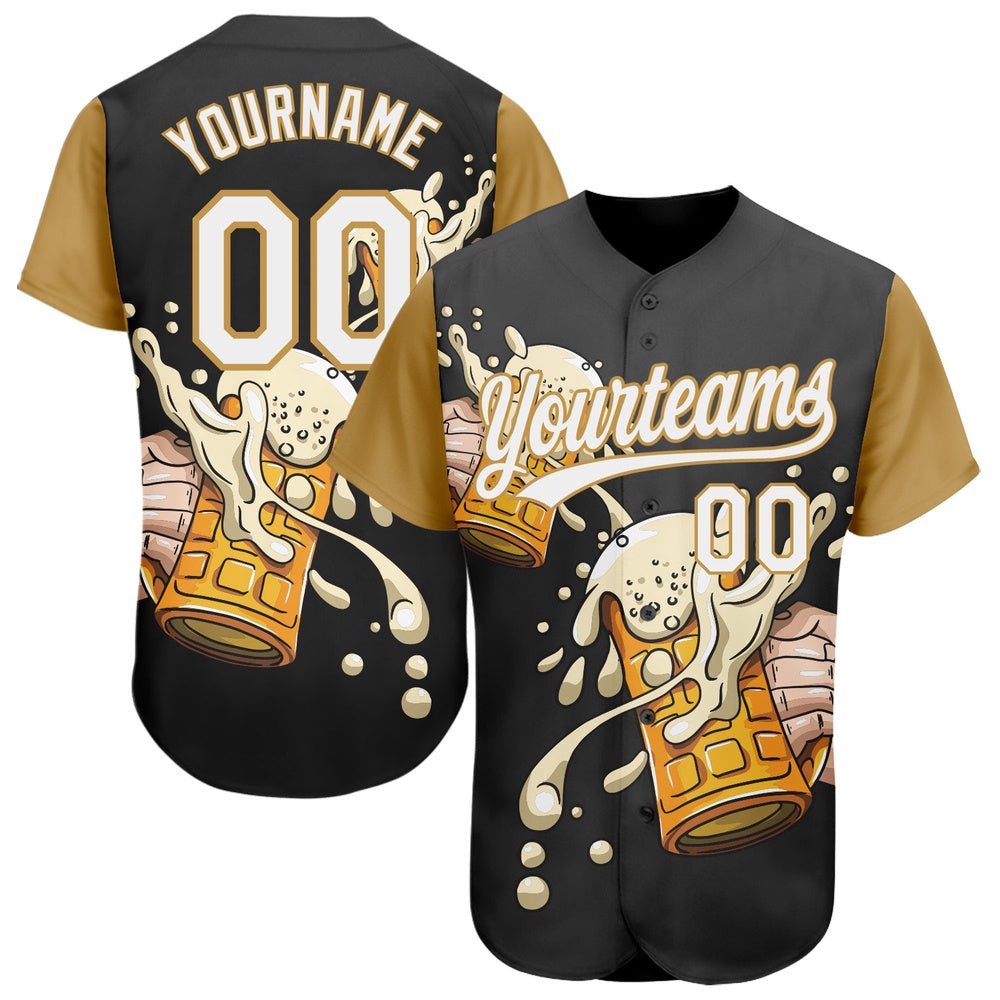 Team Jerseys Baseball, Custom Black White Old Gold 3D Pattern Design Beer Festival Authentic Baseball Jersey, Logo Baseball Jersey