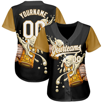 Team Jerseys Baseball, Custom Black White Old Gold 3D Pattern Design Beer Festival Authentic Baseball Jersey, Logo Baseball Jersey