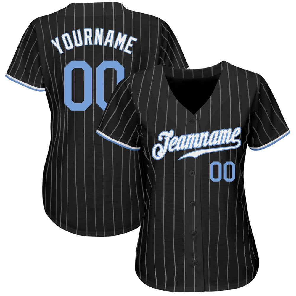 Team Jerseys Baseball, Custom Black White Pinstripe Light Blue White Authentic Baseball Jersey, Logo Baseball Jersey