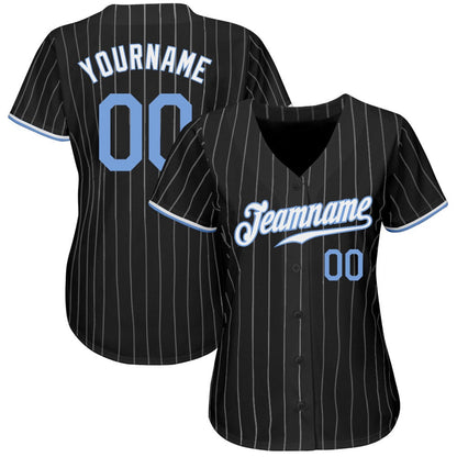 Team Jerseys Baseball, Custom Black White Pinstripe Light Blue White Authentic Baseball Jersey, Logo Baseball Jersey