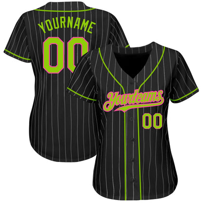 Team Jerseys Baseball, Custom Black White Pinstripe Neon Green Pink Authentic Baseball Jersey, Logo Baseball Jersey