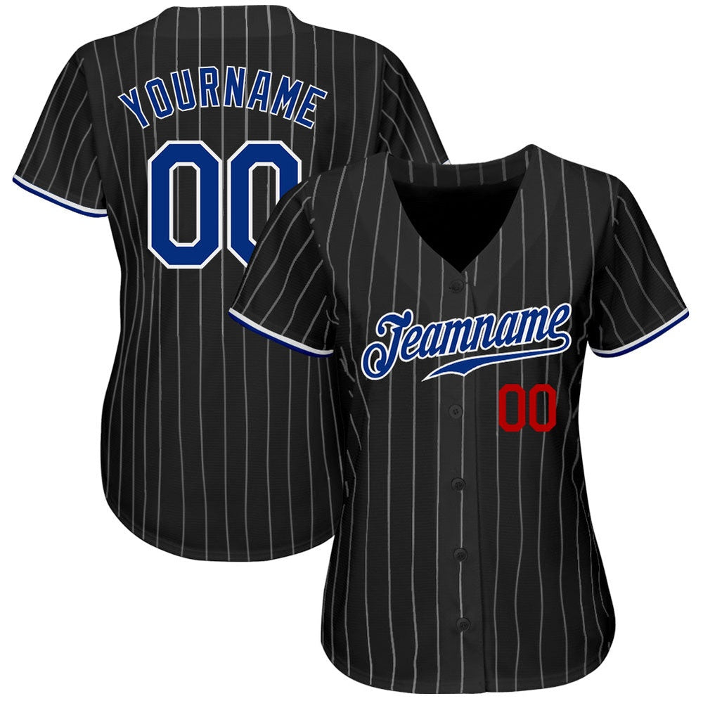 Team Jerseys Baseball, Custom Black White Pinstripe Royal Red Authentic Baseball Jersey, Logo Baseball Jersey