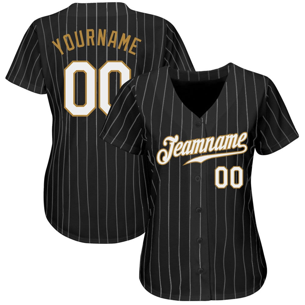 Team Jerseys Baseball, Custom Black White Pinstripe White Old Gold Authentic Baseball Jersey, Logo Baseball Jersey