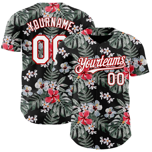 Team Jerseys Baseball, Custom Black White Red 3D Pattern Design Tropical Hawaii Plant Authentic Baseball Jersey, Logo Baseball Jersey
