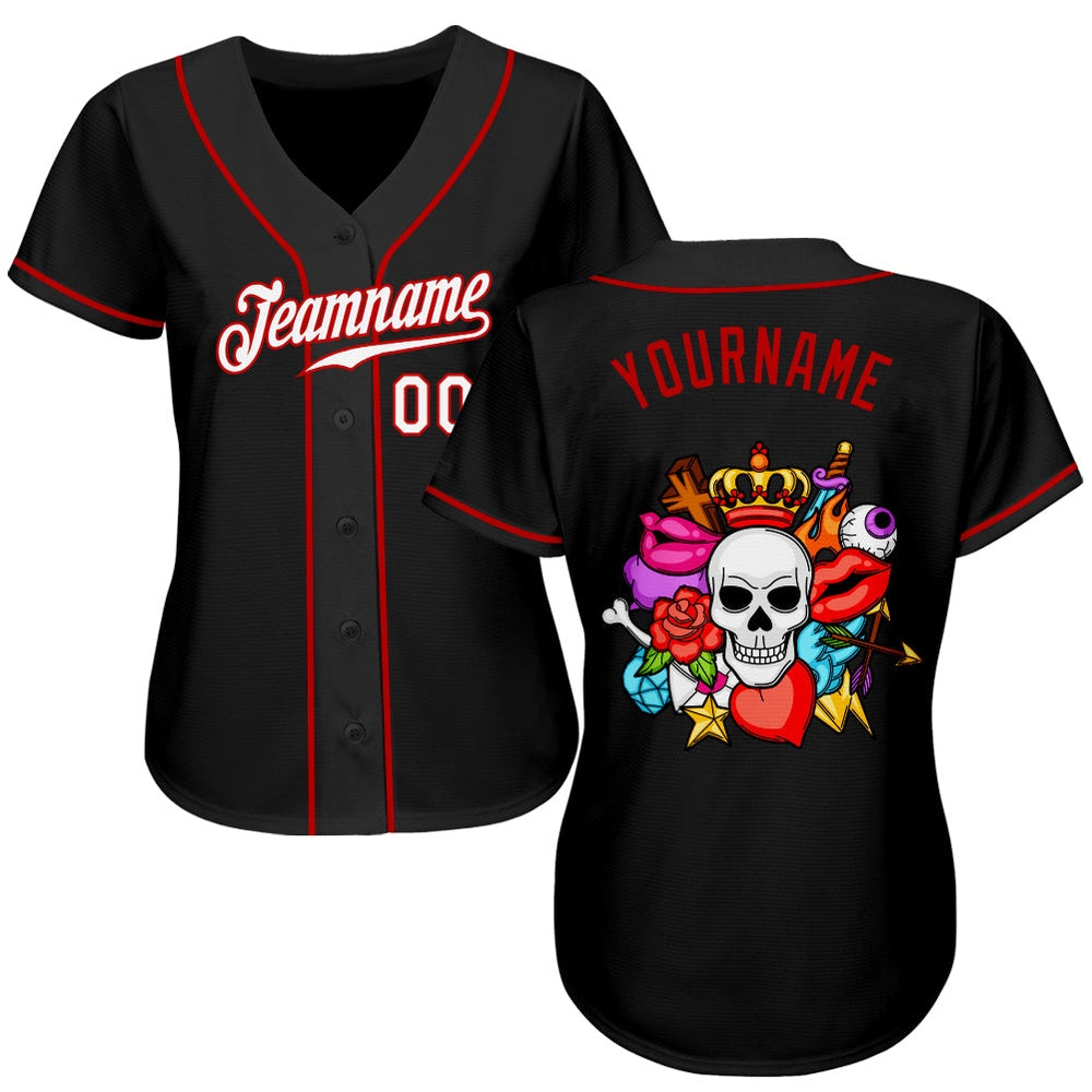 Team Jerseys Baseball, Custom Black White Red Authentic Skull Fashion Baseball Jersey, Logo Baseball Jersey