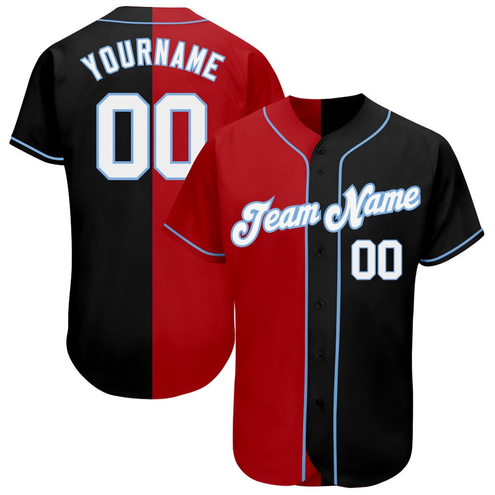 Team Jerseys Baseball, Custom Black White Red Light Blue Authentic Split Fashion Baseball Jersey, Logo Baseball Jersey
