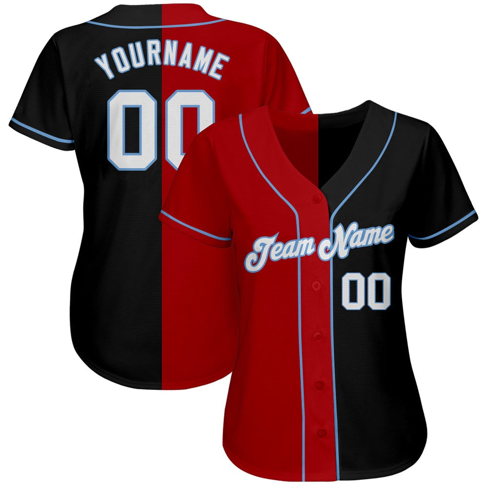 Team Jerseys Baseball, Custom Black White Red Light Blue Authentic Split Fashion Baseball Jersey, Logo Baseball Jersey
