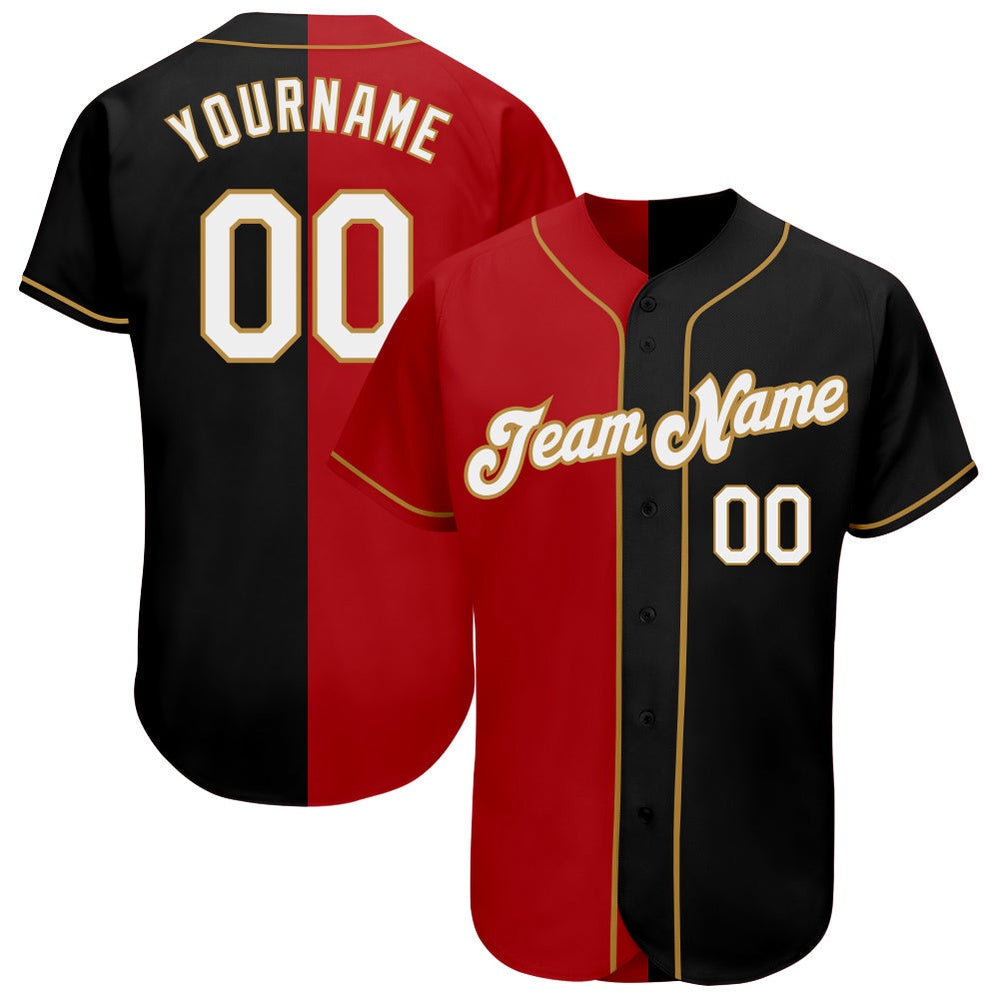 Team Jerseys Baseball, Custom Black White Red Old Gold Authentic Split Fashion Baseball Jersey, Logo Baseball Jersey