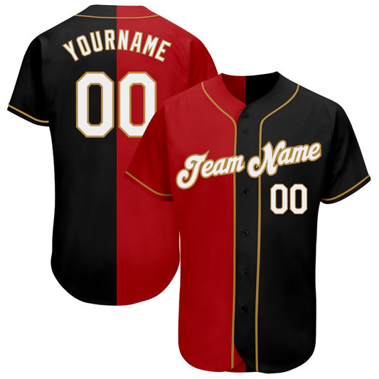 Team Jerseys Baseball, Custom Black White Red Old Gold Authentic Split Fashion Baseball Jersey, Logo Baseball Jersey