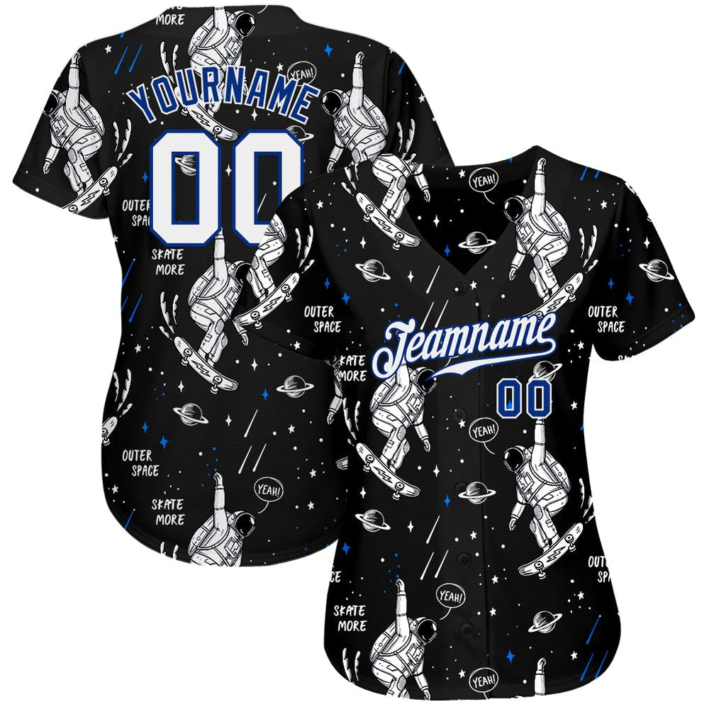 Team Jerseys Baseball, Custom Black White Royal 3D Pattern Design Astronaut Authentic Baseball Jersey, Logo Baseball Jersey