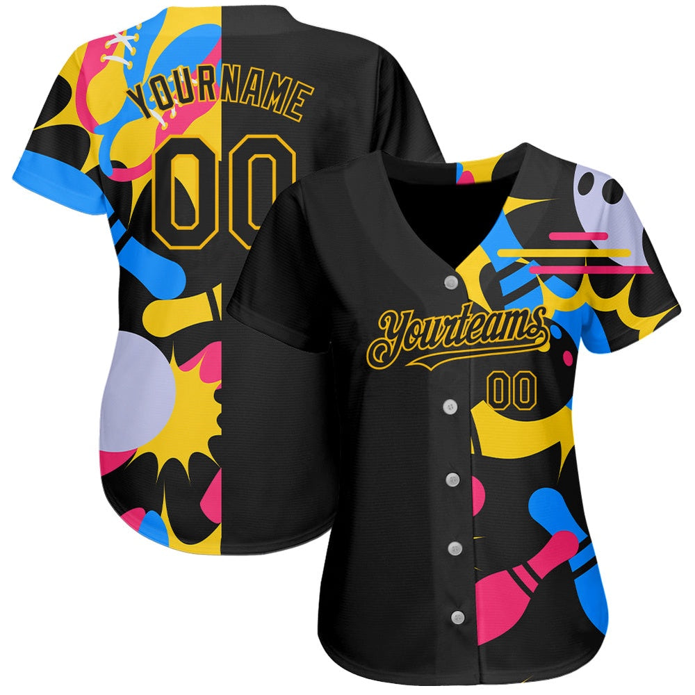 Team Jerseys Baseball, Custom Black Yellow 3D Pattern Design Bowling Authentic Baseball Jersey, Logo Baseball Jersey