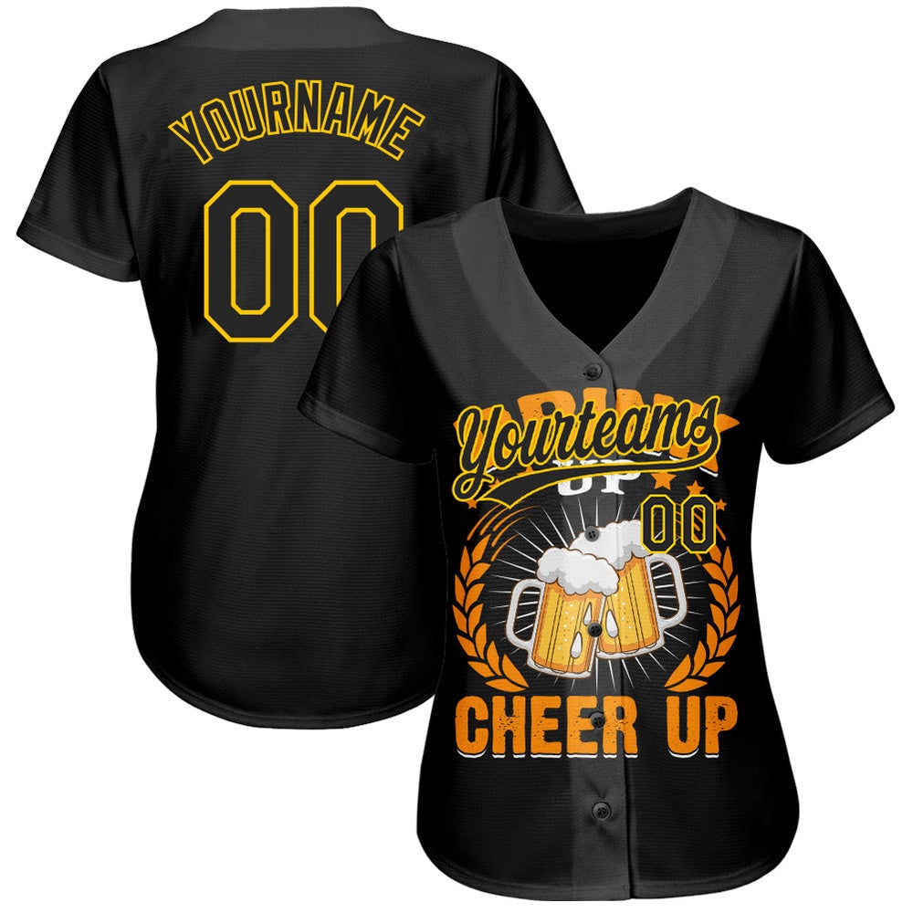 Team Jerseys Baseball, Custom Black Yellow 3D Pattern Design International Beer Day Authentic Baseball Jersey, Logo Baseball Jersey