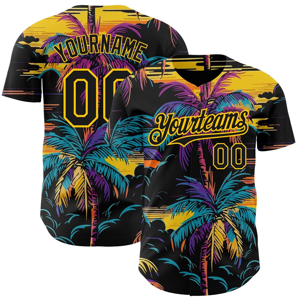 Team Jerseys Baseball, Custom Black Yellow 3D Pattern Design Tropical Hawaii Palms Trees Authentic Baseball Jersey, Logo Baseball Jersey