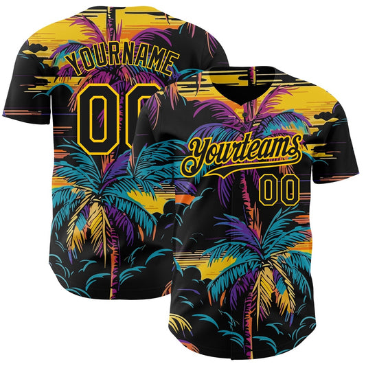Team Jerseys Baseball, Custom Black Yellow 3D Pattern Design Tropical Hawaii Palms Trees Authentic Baseball Jersey, Logo Baseball Jersey