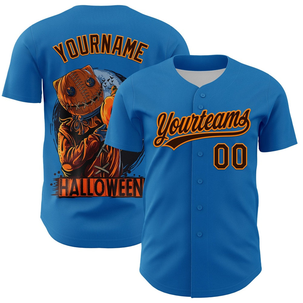Team Jerseys Baseball, Custom Blue Brown Bay Orange 3D Halloween Authentic Baseball Jersey, Logo Baseball Jersey