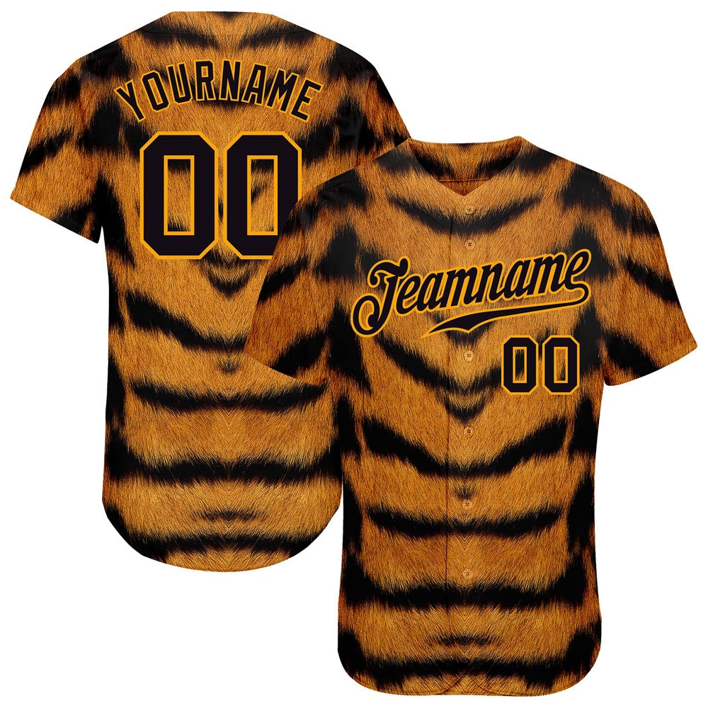 Team Jerseys Baseball, Custom Brown Black Gold 3D Pattern Design Tiger Authentic Baseball Jersey, Logo Baseball Jersey