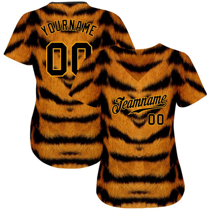 Team Jerseys Baseball, Custom Brown Black Gold 3D Pattern Design Tiger Authentic Baseball Jersey, Logo Baseball Jersey