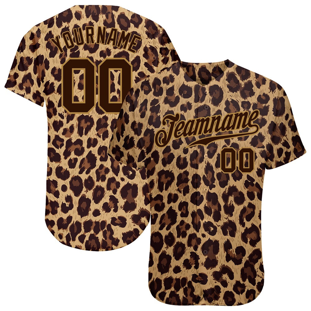 Team Jerseys Baseball, Custom Brown Brown Old Gold 3D Pattern Design Leopard Authentic Baseball Jersey, Logo Baseball Jersey