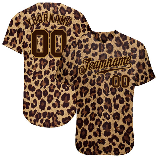 Team Jerseys Baseball, Custom Brown Brown Old Gold 3D Pattern Design Leopard Authentic Baseball Jersey, Logo Baseball Jersey