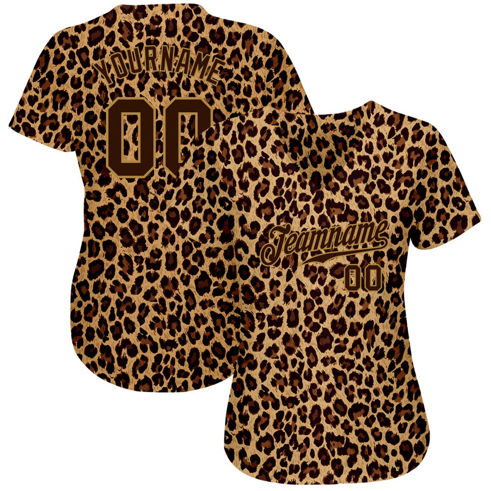 Team Jerseys Baseball, Custom Brown Brown Old Gold 3D Pattern Design Leopard Authentic Baseball Jersey, Logo Baseball Jersey