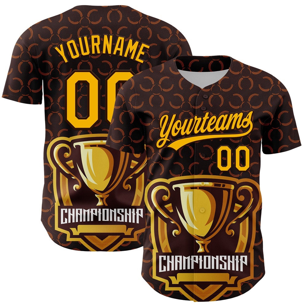 Team Jerseys Baseball, Custom Brown Gold 3D Pattern Design Champion Trophy Authentic Baseball Jersey, Logo Baseball Jersey